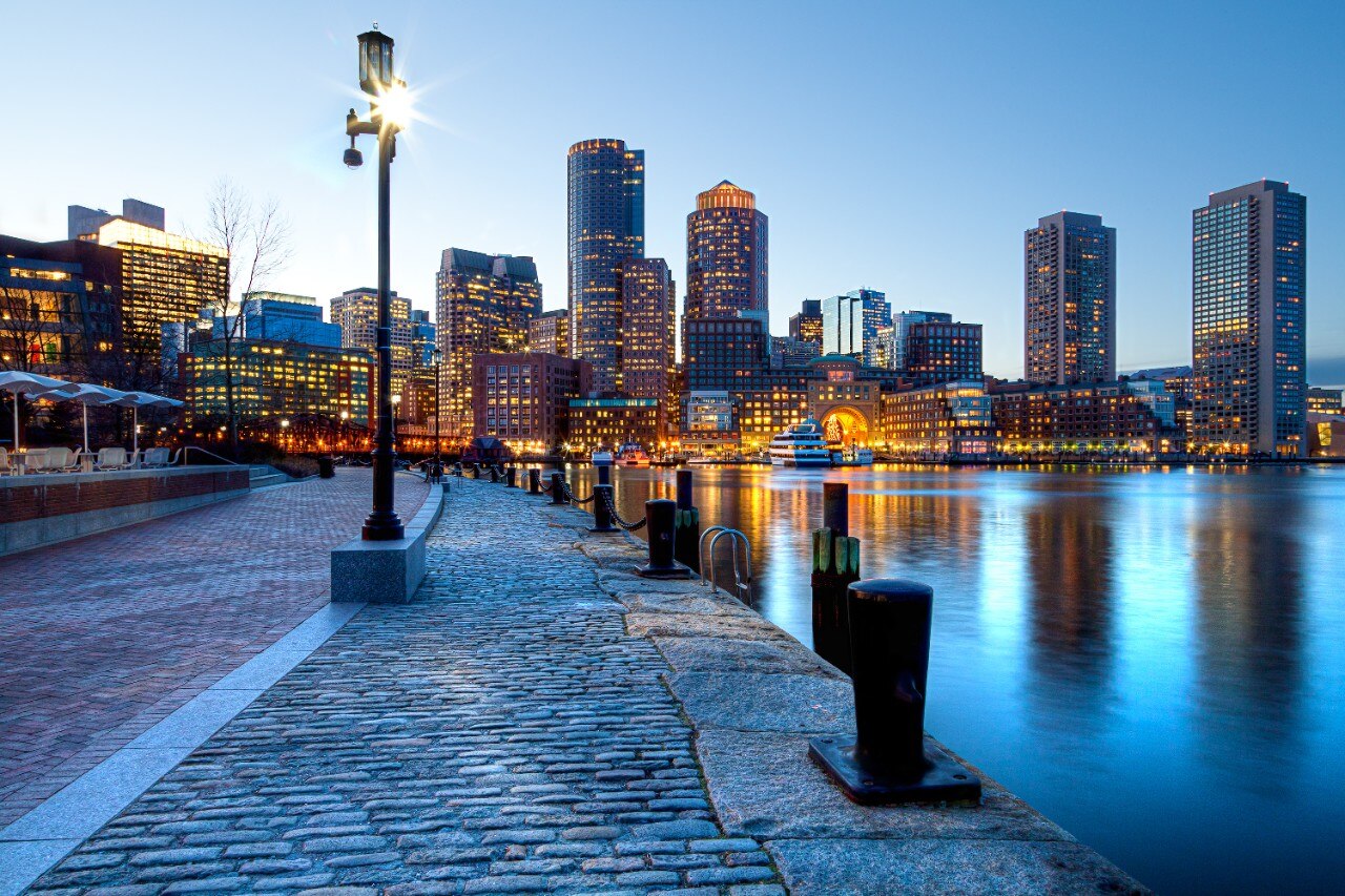 View of Boston Harbor and Financial District in Boston, Massachusetts.